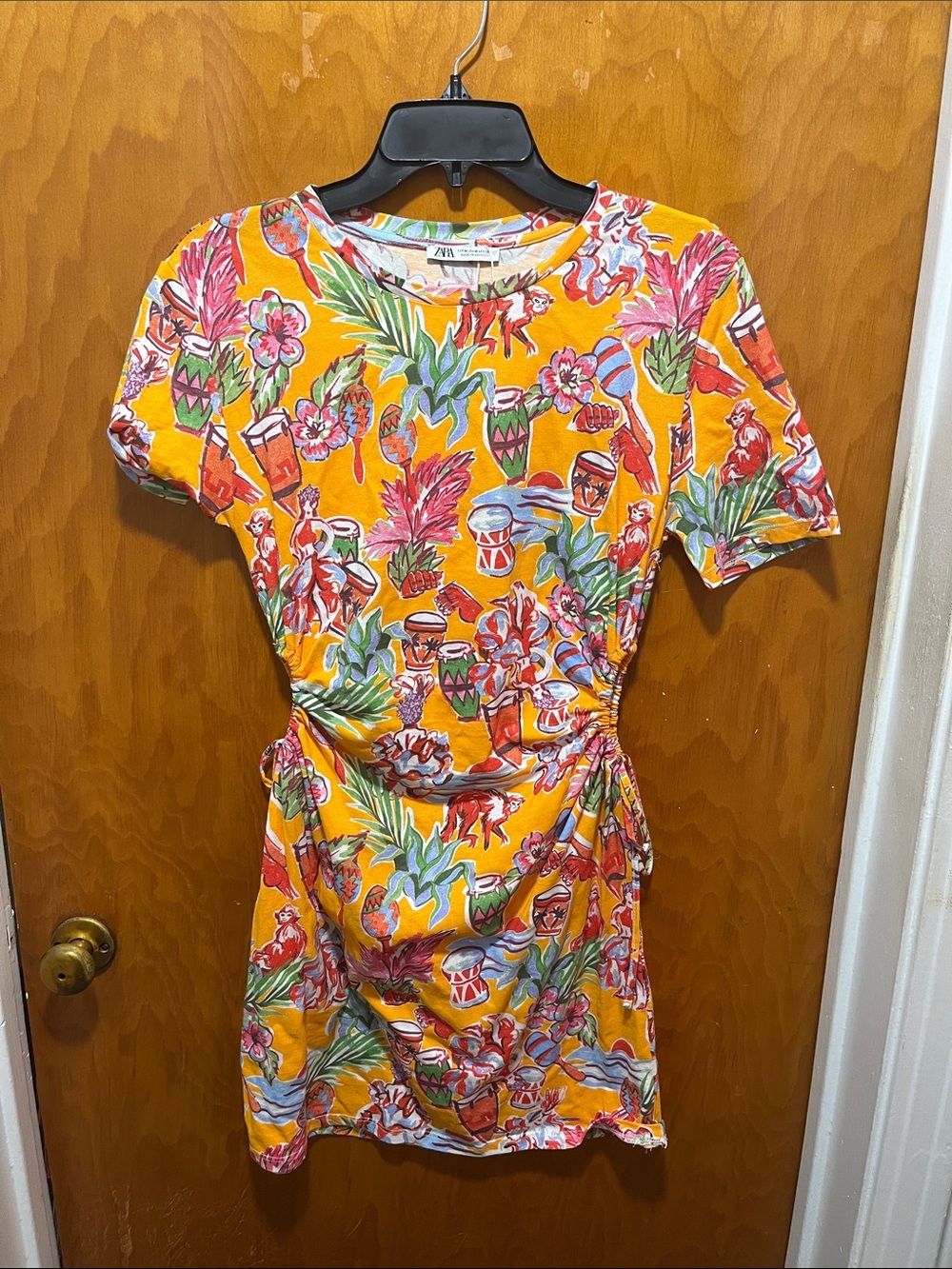 Zara Yellow Tropical Print Mini Dress with Pink & Green Motifs